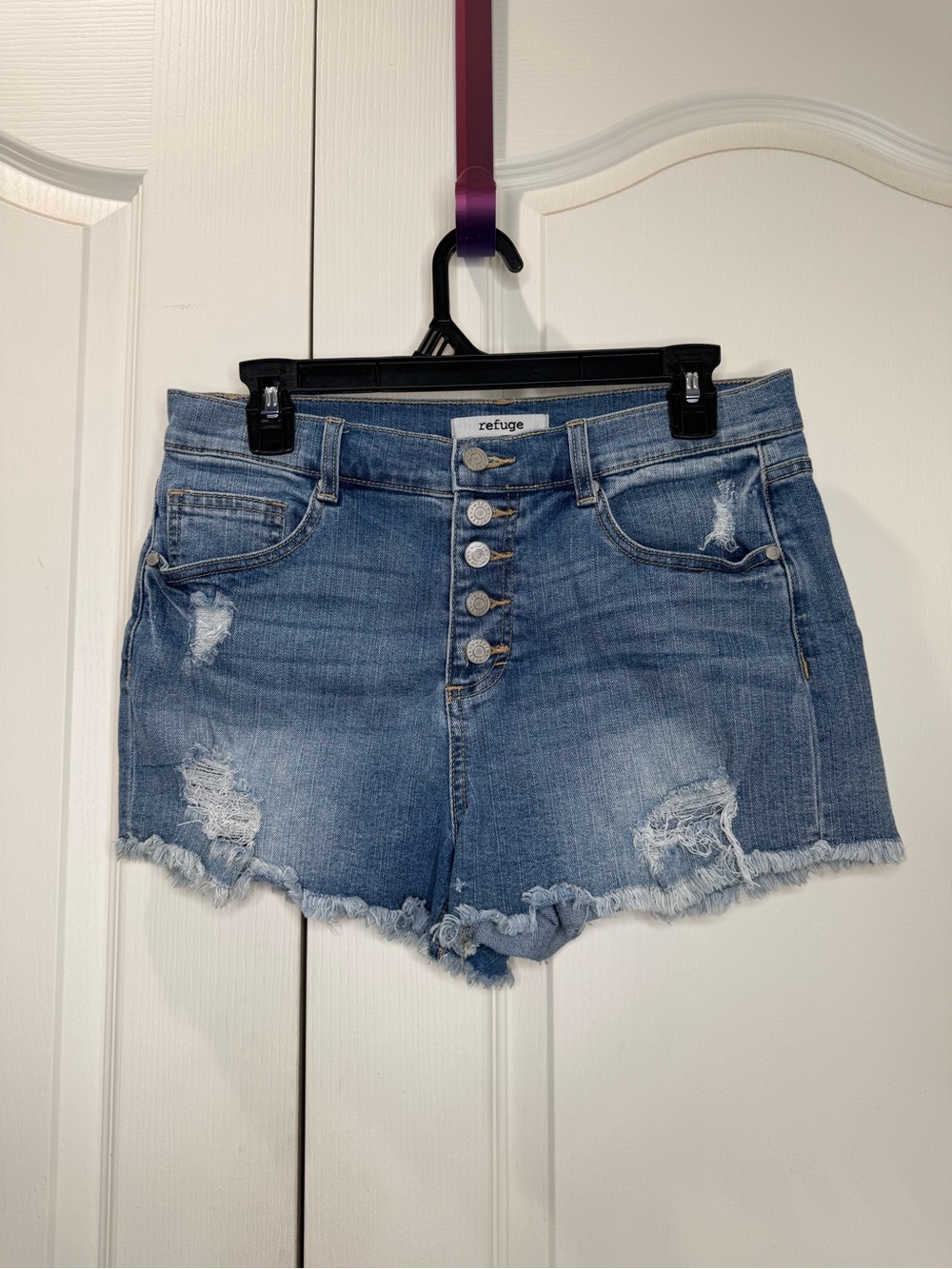 refuge Light Blue Distressed High-Rise Jean Shorts